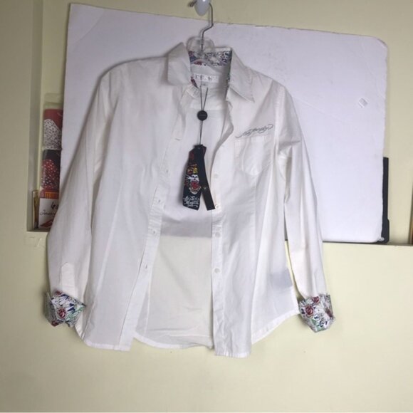 Ed Hardy NEW Vintage Logo Sequins Embroidery Shirt Floral Cotton Button Blouse S - Picture 2 of 16